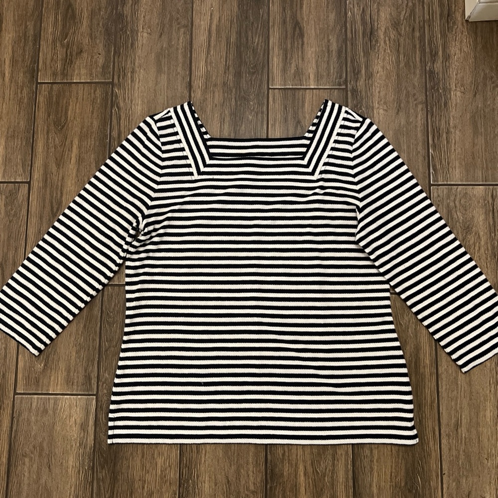 Talbots Tamarind Striped Square Neck Womens Size M 3/4 Sleeve Sweater Top.